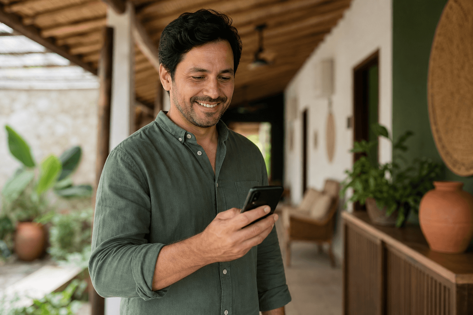 Anfitrión revisando el listado de su alojamiento en el teléfono